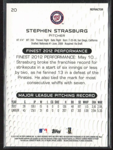2013 Topps Finest /99 #20 Steven Strasburg - Picture 2 of 2