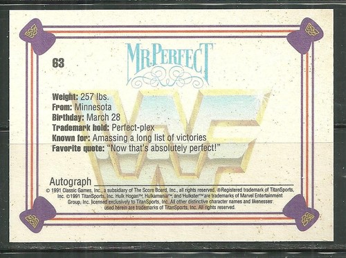 1991 CLASSIC WWF WRESTLING MR PERFECT #63 - Picture 2 of 2