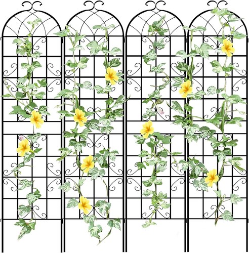 LZRS 4 Pack 87x20in Rustic Iron Arch Decoration Garden Trellis with Black Metal