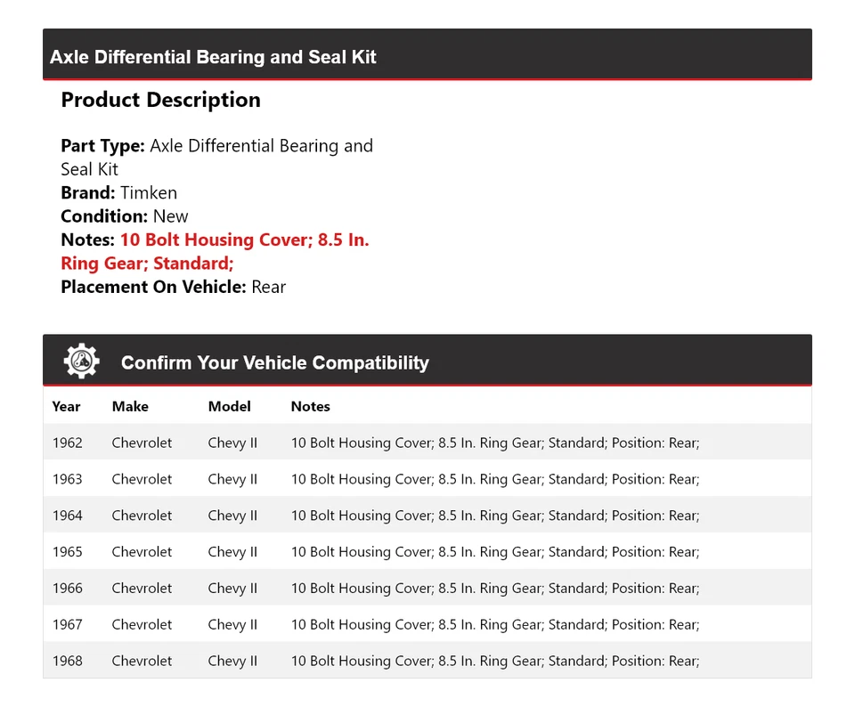 Kit de cojinete y sello diferencial de eje trasero Timken para Chevrolet Chevy II 62-68 Foto 2 de 3