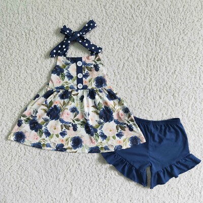 Girls Blue Floral Backless Tunic Ruffle Shorts Set 2pcs Summer Outfit