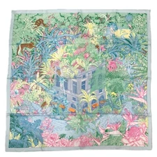 Hermes Scarf Stole Faubourg Tropical Green Botanical Floral Silk Auth Mint 90 cm
