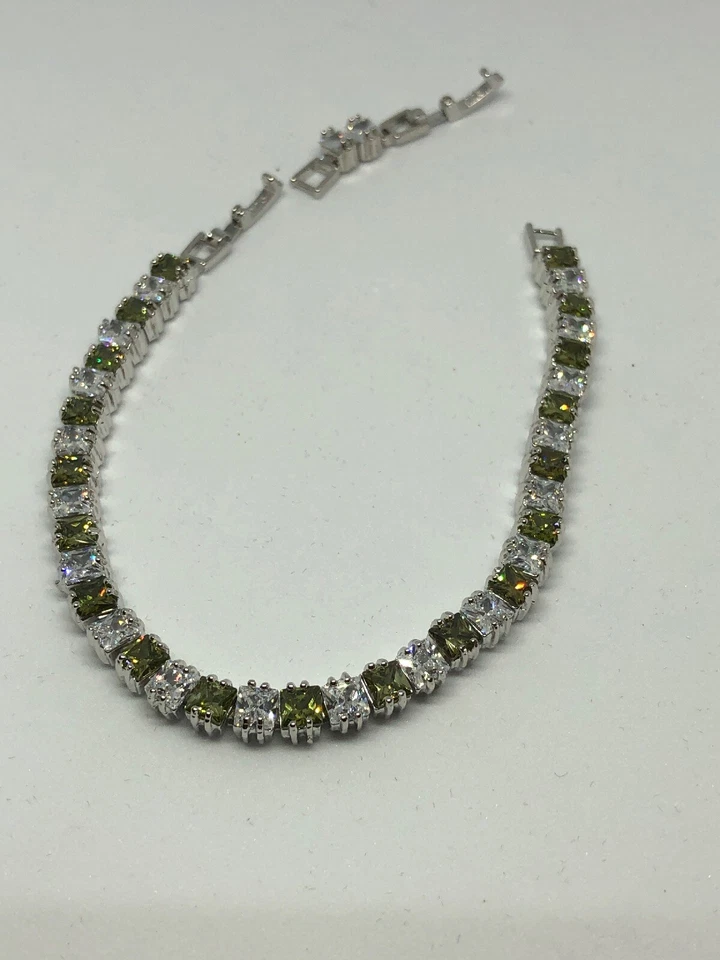 Peridot  White Topaz Tennis  Gemstone Sterling Silver 925 Chain Bracelet  - Image 3 of 4