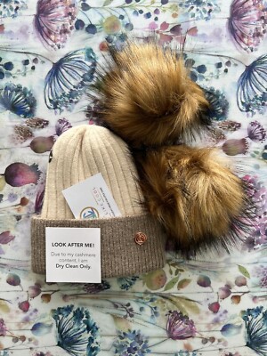 Look Like Cool Natural Cashmere Double Pom Pom Beanie Hat Cream