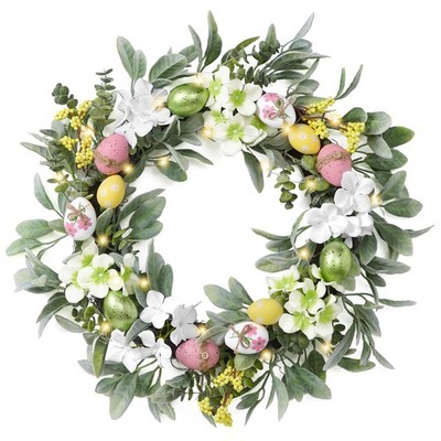 Valery Madelyn 24'' Collapsible Lighted Easter Wreaths for Front Door, Pre-li...