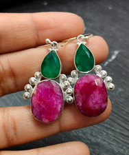 Ruby Emerald Gemstone 925 Sterling Silver Dangle Earrings Vintage Style Jewelry