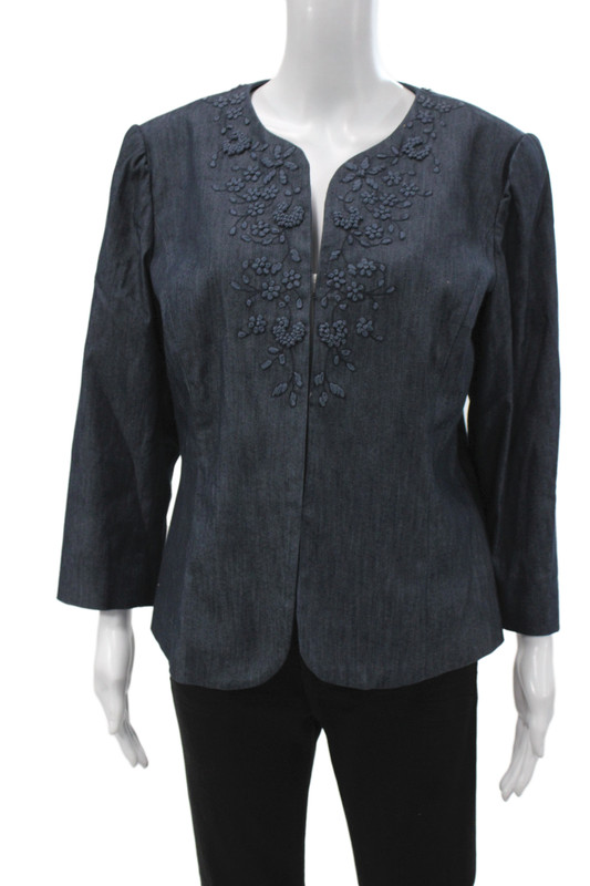 Dana Buchman Womens Dark Blue Floral Button Long Sleeve Jacket Size 14P