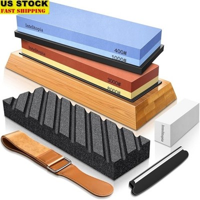 Knife Sharpening Stone Kit Dual Sided Whetstone Non Slip Base Angle Guide New