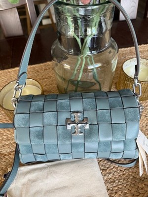 Tory Burch KIRA Chevron Woven Small  Shoulder Bag Arctic Blue Leather/Suede NWT