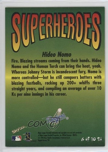 1998 Skybox Dugout Axcess Superheroes Hideo Nomo & Human Torch #6SH - Picture 2 of 3