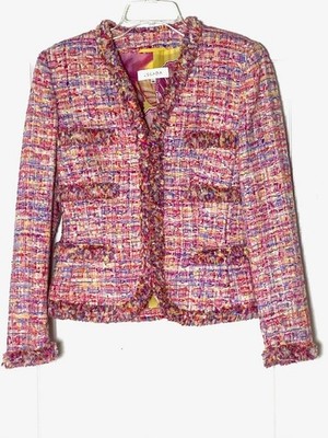 ESCADA Pink Multi Tweed Fringe Blazer Jacket 36 = 6 US = S Floral