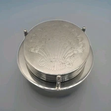 Engraved Silver Shell Fan Coaster Set of 6 w/ Holder 3.5” Vintage Look Elegant