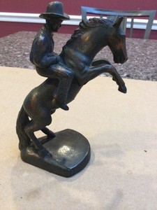 VINTAGE WESTERN 5" HIGH BAUDIS NY BRONZE COWBOY ON REARING HORSE STATUE