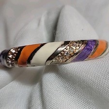 Retro Mod Enamel Bangle Purple Orange Striped Hinged Clamper MCM Chic Cloisonné