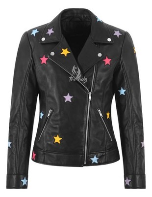 Women's Brando Style Leather Jacket Multicolor Scattered Stars Patch Moto Jacket