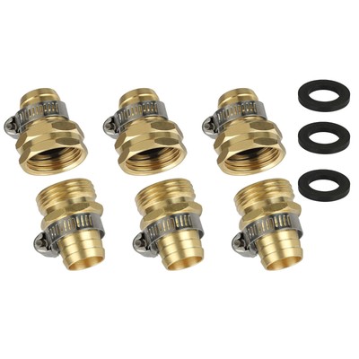 3/4'' Brass Garden Water Hose Connector 3 Pack Mender Kit Ends Fittings Clamp