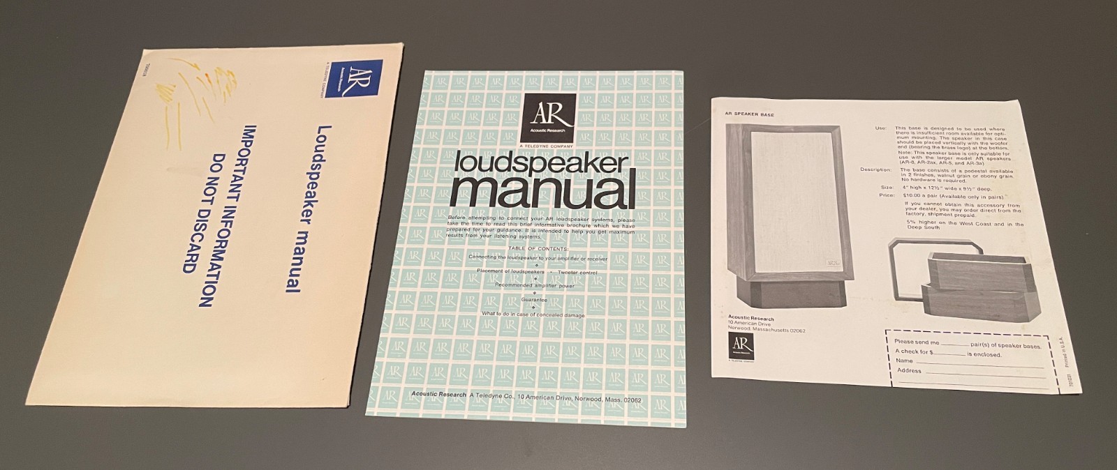 Acoustic Research AR Speakers Owner's Manual, Warranty Card, Brochure, Envelope