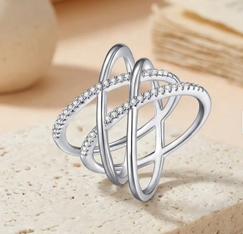 D VVS1 Round Moissanite Criss Cross Multi Band Ring 925 Silver Pave Diamond Look