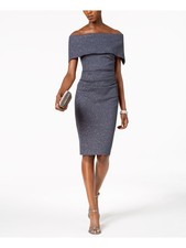 VINCE CAMUTO Womens Gray Off Shoulder Below The Knee Evening Sheath Dress 0