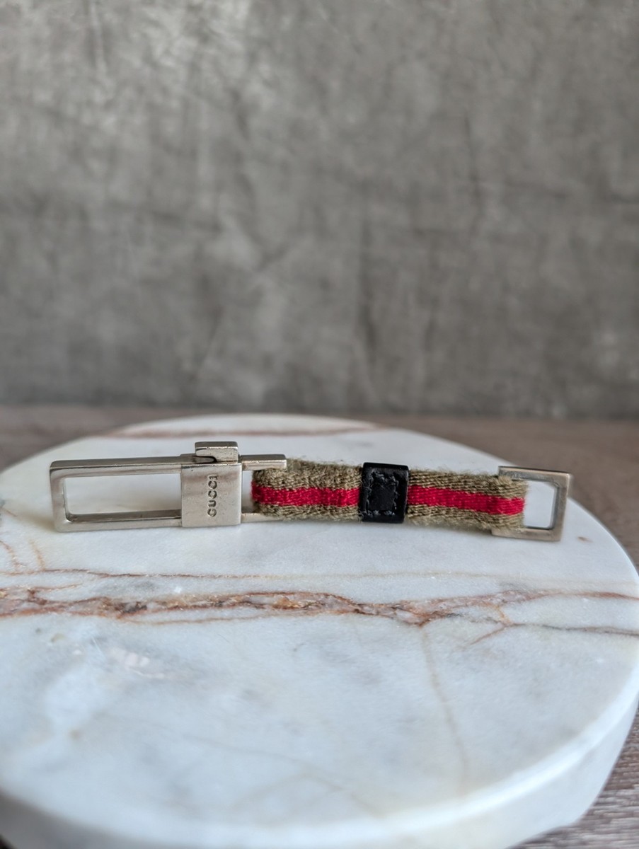 Vintage Gucci Web Stripe Canvas & Leather Key Holder / Bag Charm