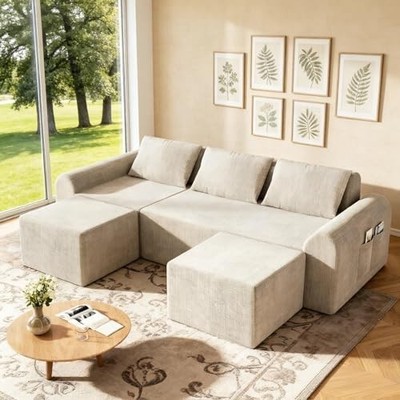 Sectional Sofa, No Assembly Deep Seat Chenille Couch with 2 Ottomans, 3-Seater