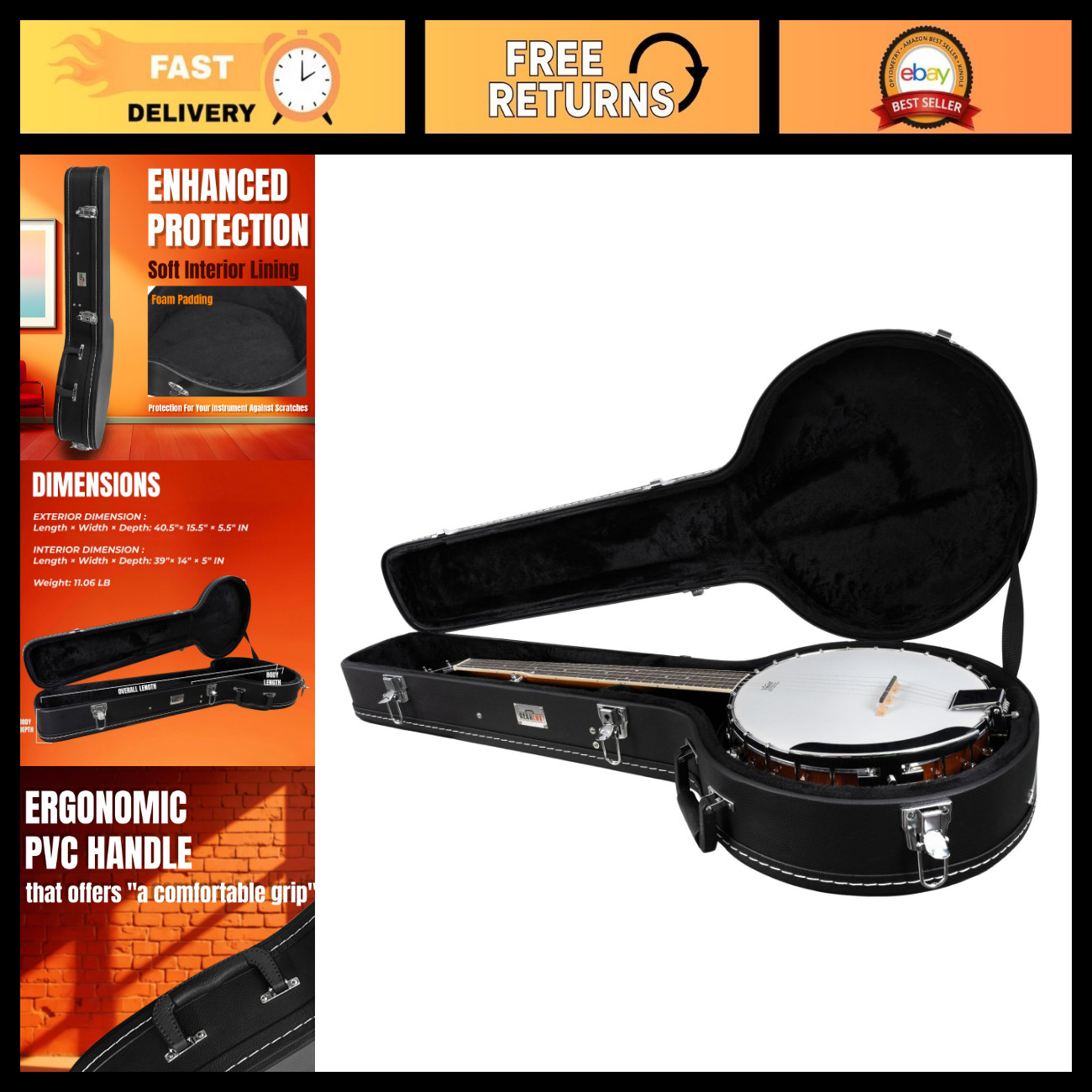 4-String & 5-String Banjo Hard Case with Lock & Key, Plush Padding, Accessory Co
