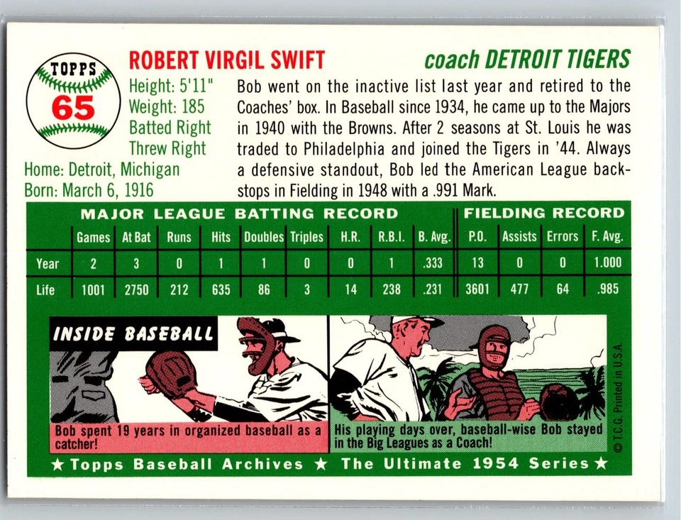 1994 Topps Archives 1954 #65 Bob Swift - Image 2 of 2