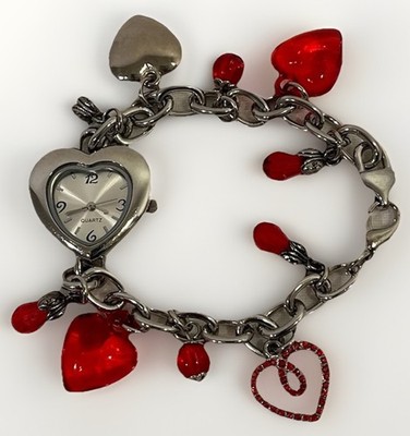 Heart Charm Bracelet Watch Silver Tone Red Crystal Beads Quartz New Battery