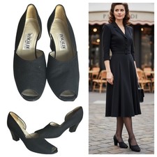 Vtg Pancaldi Italy Heels Pumps Sz 8 AA Black Peep Toe D'Orsay 40s Pinup Retro