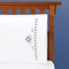 Herrschners  Cobalt Blossoms Pillowcase Pair Stamped Embroidery