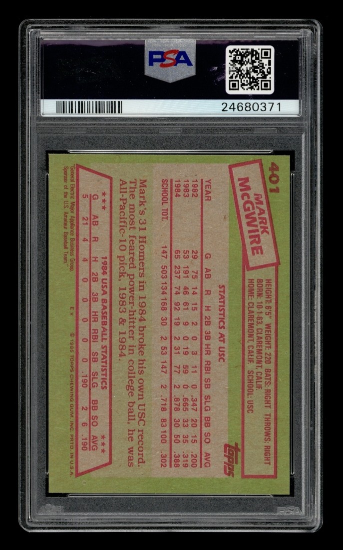1985 Topps Set-Break #401 Mark Mcgwire 1984 Usa Baseball Team PSA 10 GEM MINT view 2