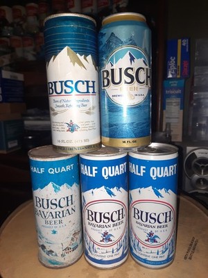 5 BUSCH BEER EMPTY OPENED/ B/O 16 OZ FT/PT/ST STR/CR STEEL/ ALUMINUM BEER CANS