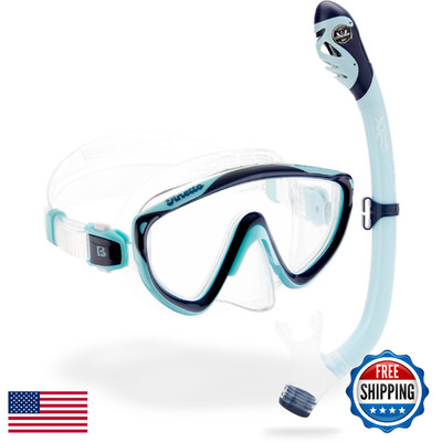 Cressi Tinetto & Iguana Dry Mask & Snorkel Kits, Navy/Ice Cyan