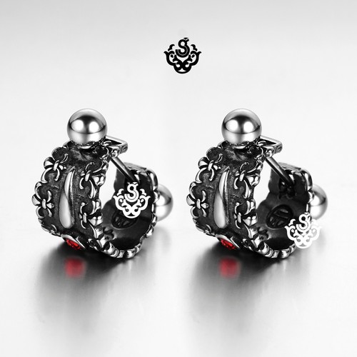 Silver stainless steel red crystal earrings huggies cuff screw on Soft Gothic - Picture 3 of 3