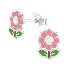 Sterling Silver Earrings Pink Crystal Flower Stud 925 For Girls Colorful Women