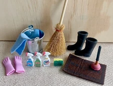 13 pcs Dollhouse Miniature Cleaning Bucket basket Supplies plunger glove Sponge