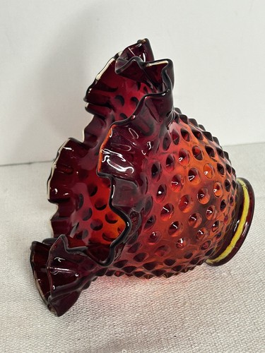 Fenton Amberina Ruby Red Hobnail Rose Bowl Vase Crimped Ruffled 4” UV Reactive - Picture 6 of 18