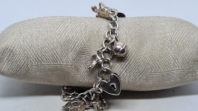 Vintage 925 Sterling Silver Curb Link 17 Charm Heart Lock Bracelet