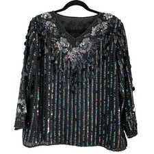 Vtg Black Iridescent Top Beaded Sequins 3/4 Sleeves Formal Sparkly 1980s L 12 14