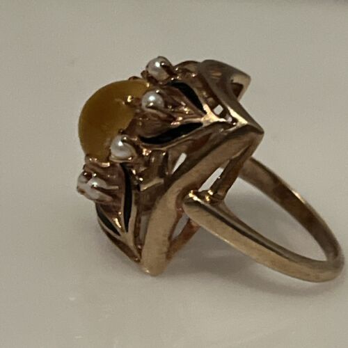 Very Pretty Vintage Katzenauge 10K Gold Ring mit Perlen Emaille Größe 7 - Bild 4 von 5