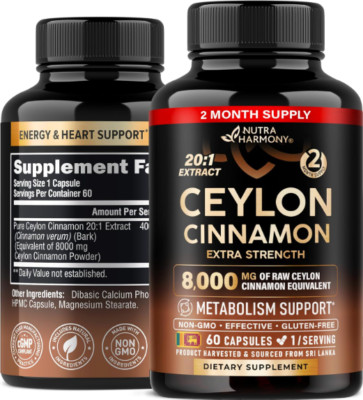 Ceylon Cinnamon Capsules - 8000 mg, Extra Strength - Made in USA - Energy, Heart