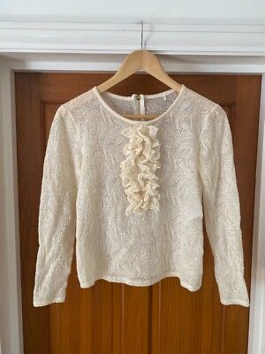 Emilio Pucci Creme Stretch Spitze Top Gr UK 8 IT 40 vorne Rüschen Made in Italy