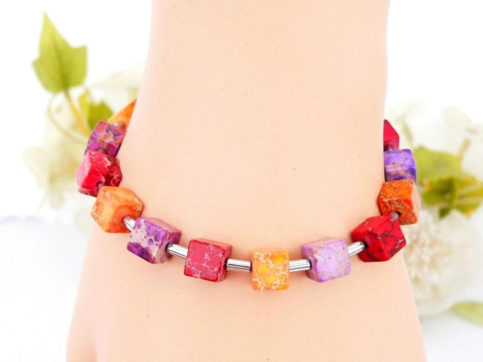 Armband Würfel Cube Edelstein Jaspis Orange, Rot, Lila, Multicolor Hämatit 213n - Bild 2 von 4