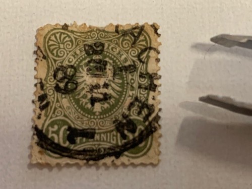 1880-87 ,50 Pfennig Reichspost Vintage stamp sg44a cv £2.40 dull olive geen. - 第 1/2 張圖片