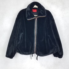 Ivy Blossom Women's Xl Faux Fur Zip-up Black Bomber Jacket Pockets Drawstring