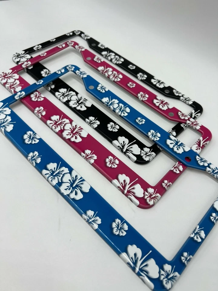 Marco de matrícula de aluminio con estampado de flores/hibisco hawaiano - 3 opciones de color Foto 2 de 4