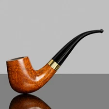 Briar Wood Smooth Billiard Tobacco Smoking Pipe 9mm Bent Acrylic Stem Gold Band