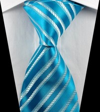 New Classic Stripe Light Blue White Jacquard Woven 100 Silk Men's Tie Necktie