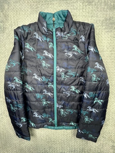 Kerrits Equestrian Jacket Horse Print Full Zip Puffer Blue Reversible Youth XL