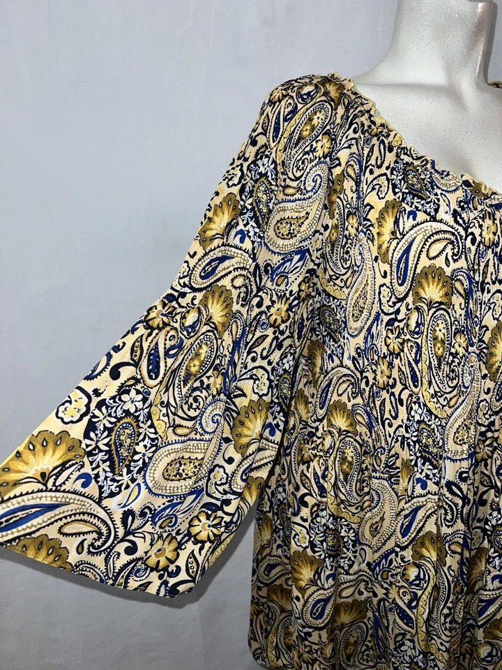 Ninety Clothing Co Top Plus 1X Blue Mustard Paisley Bell Sleeve Boho Blouse - Image 3 of 4